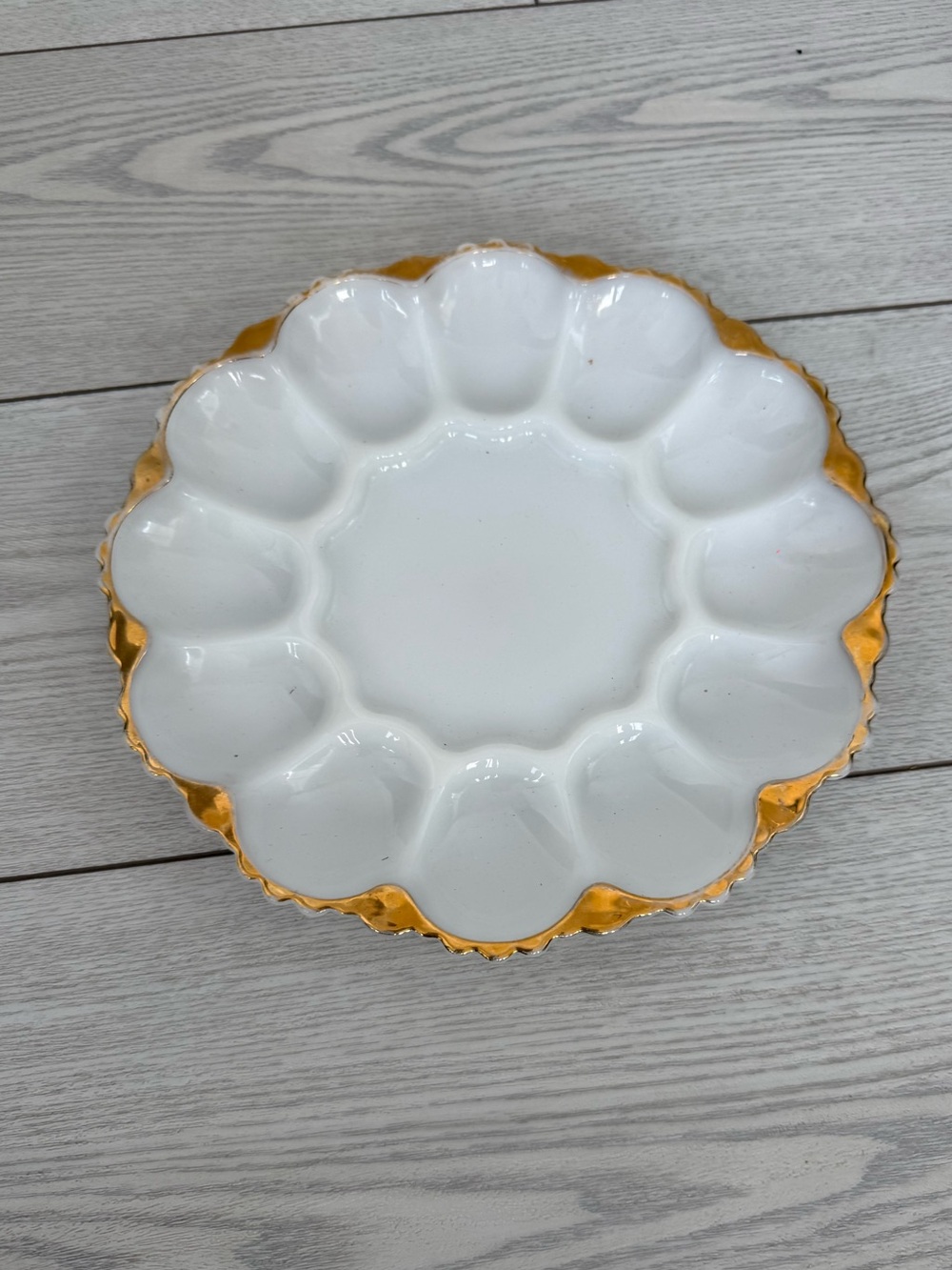 Vintage milk glass deviled egg plate tray white gold trim serve platter potluck